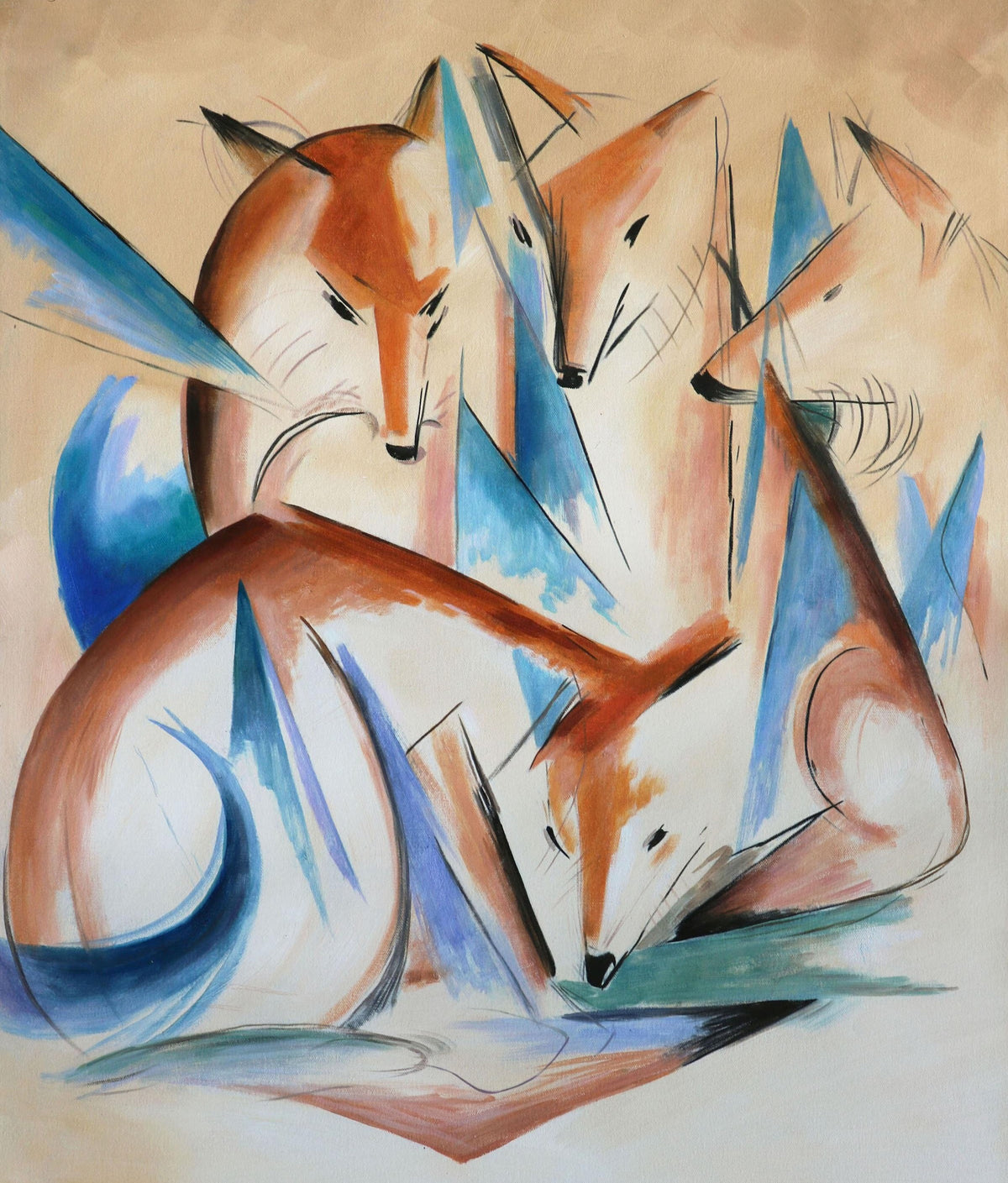Abstract painting of three foxes on a beige background