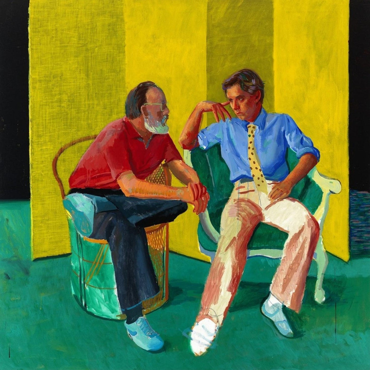An expressive painting of two seated men in chairs against a bold yellow and green background. One man wears a red shirt and dark pants, and the other wears a blue shirt, cream trousers, and a yellow patterned tie.